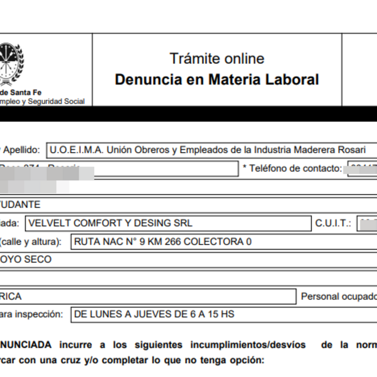 Imagen de Denuncian a la empresa Velvet por maniobras fraudulentas para evitar el pago de indemnizaciones