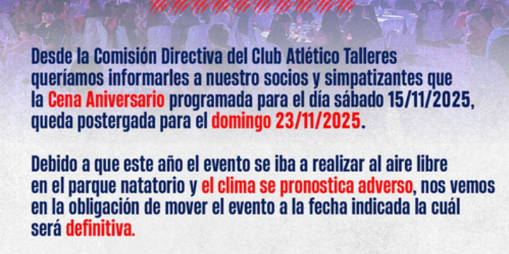 Imagen de La Cena 84 Aniversario de Talleres, cambió de día. Del 15/11 pasó al 23/11