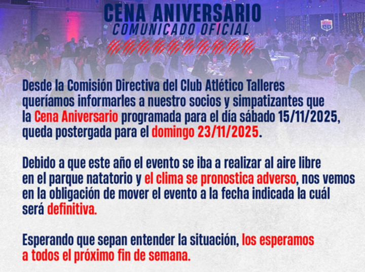 Imagen de La Cena 84 Aniversario de Talleres, cambió de día. Del 15/11 pasó al 23/11