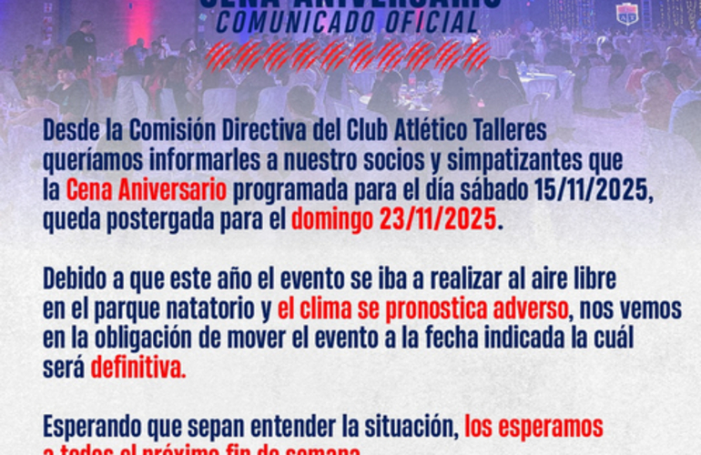 Imagen de La Cena 84 Aniversario de Talleres, cambi&oacute; de d&iacute;a. Del 15/11 pas&oacute; al 23/11