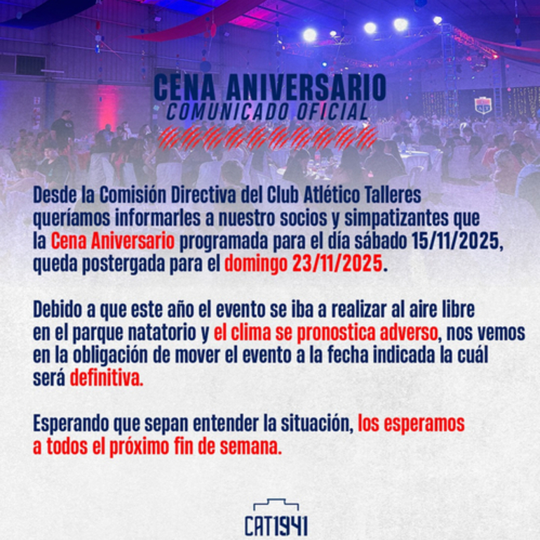 Imagen de La Cena 84 Aniversario de Talleres, cambió de día. Del 15/11 pasó al 23/11