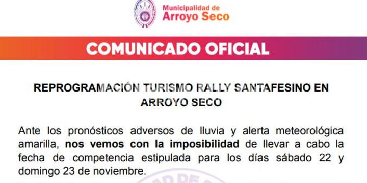 Imagen de Comunicado oficial: Reprogramación Turismo Rally Santafesino en Arroyo Seco