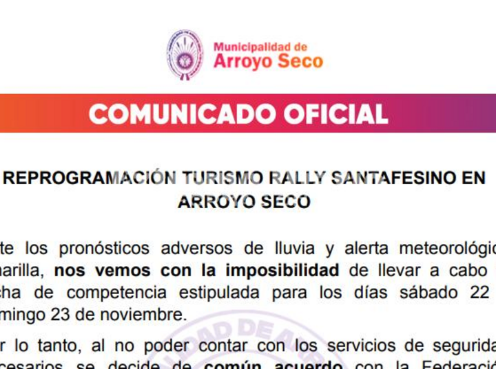 Imagen de Comunicado oficial: Reprogramación Turismo Rally Santafesino en Arroyo Seco