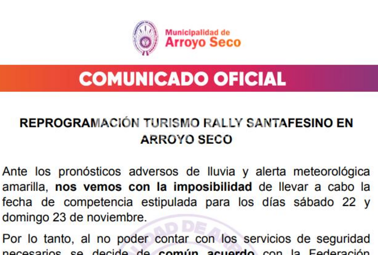Imagen de Comunicado oficial: Reprogramaci&oacute;n Turismo Rally Santafesino en Arroyo Seco