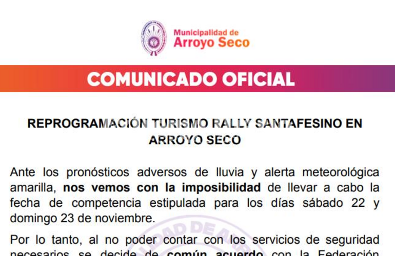 Imagen de Comunicado oficial: Reprogramación Turismo Rally Santafesino en Arroyo Seco