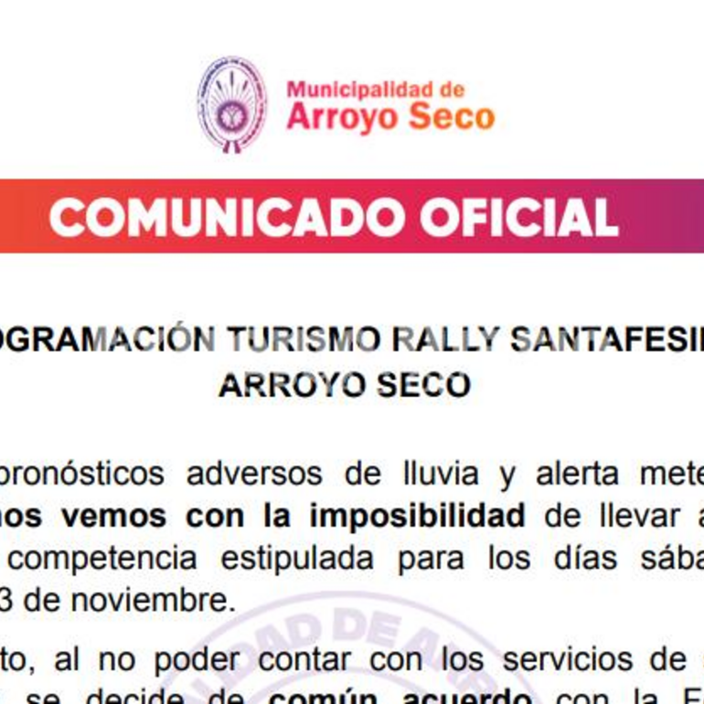 Imagen de Comunicado oficial: Reprogramación Turismo Rally Santafesino en Arroyo Seco