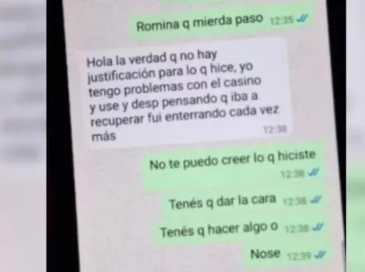 Chat de padres. La mujer confes&oacute; que el dinero recaudado lo perdi&oacute; en apuestas: "Tengo problemas con el casino".