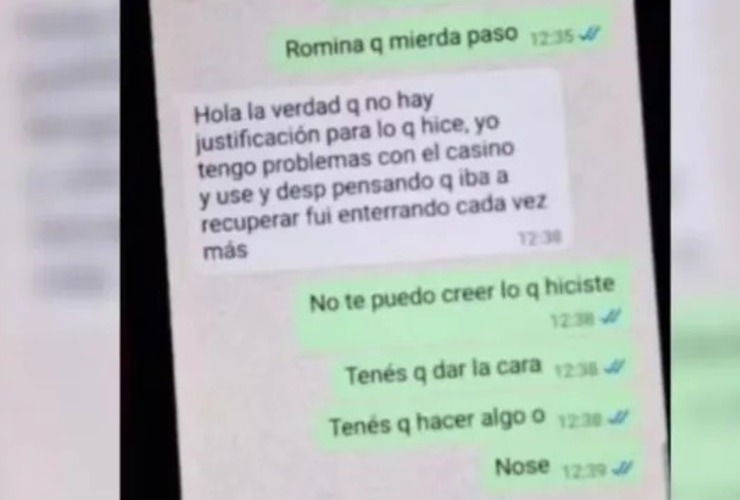 Chat de padres. La mujer confes&oacute; que el dinero recaudado lo perdi&oacute; en apuestas: "Tengo problemas con el casino".