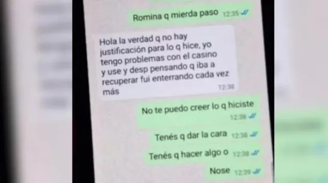 Chat de padres. La mujer confes&oacute; que el dinero recaudado lo perdi&oacute; en apuestas: "Tengo problemas con el casino".
