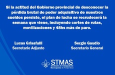 El comunicado lleva la firma de las autoridades del SITRAM Sergio Gaudio y Lucas Crisafuli