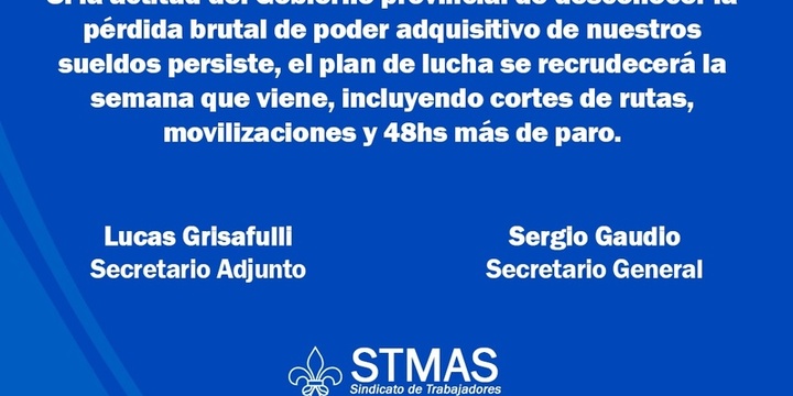 El comunicado lleva la firma de las autoridades del SITRAM Sergio Gaudio y Lucas Crisafuli