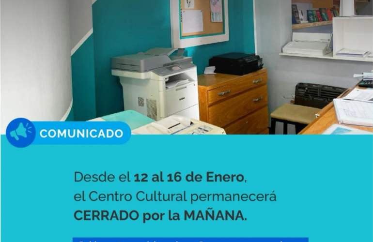 Imagen de Del 12 al 16 de Enero, el Centro Cultural de General Lagos estar&aacute; cerrado por la ma&ntilde;ana y abierto por la tarde