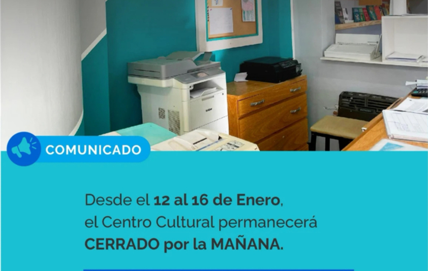 Imagen de Del 12 al 16 de Enero, el Centro Cultural de General Lagos estar&aacute; cerrado por la ma&ntilde;ana y abierto por la tarde
