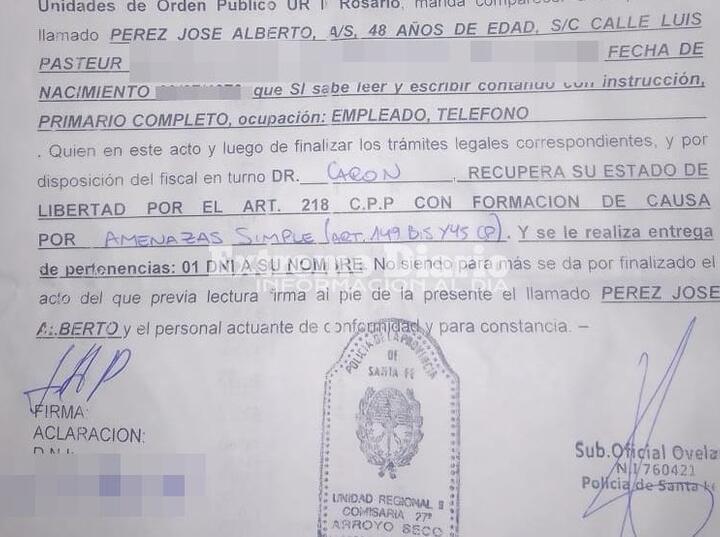 Uno de los documentos que le entregaron "al soltarlo" luego de varias horas de haber permanecido en la seccional 27ma.