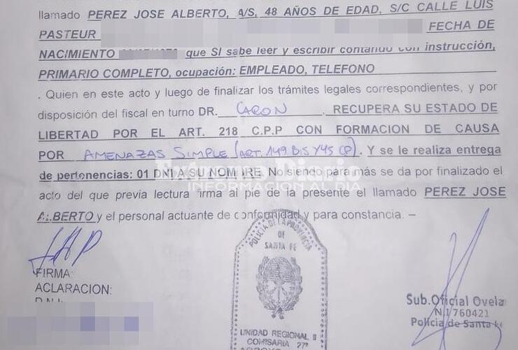 Uno de los documentos que le entregaron "al soltarlo" luego de varias horas de haber permanecido en la seccional 27ma.