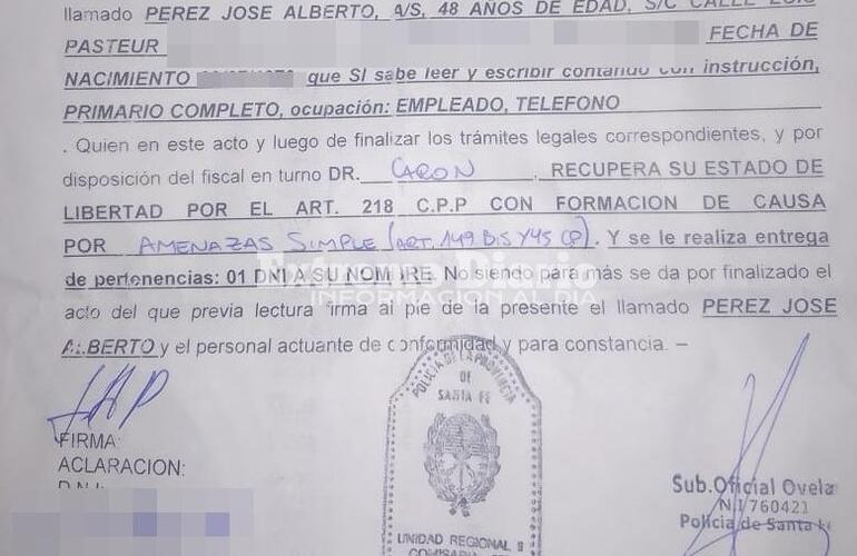 Uno de los documentos que le entregaron "al soltarlo" luego de varias horas de haber permanecido en la seccional 27ma.