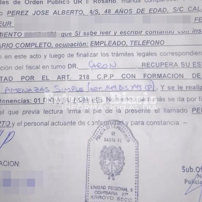 Uno de los documentos que le entregaron "al soltarlo" luego de varias horas de haber permanecido en la seccional 27ma.