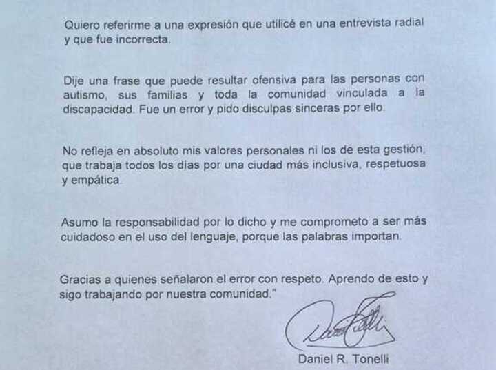 Imagen de El intendente Daniel Tonelli pidi&oacute; disculpas p&uacute;blicas tras sus declaraciones sobre el autismo