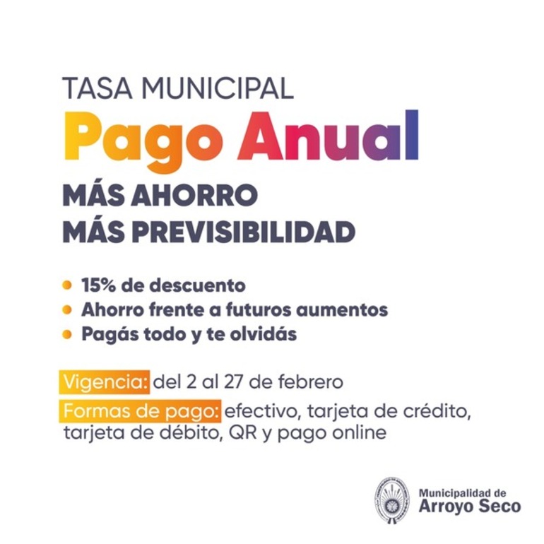 Imagen de Tasas municipales: Arroyo Seco lanza el Pago Anual 2026 con importantes beneficios para los vecinos
