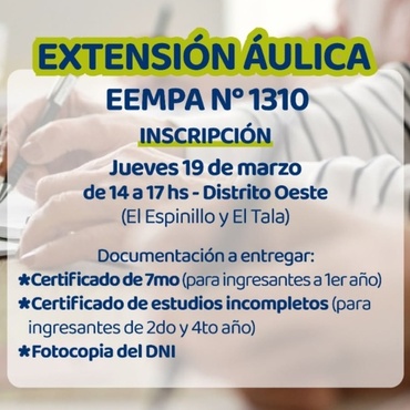 Imagen de Abren inscripciones para la extensi&oacute;n &aacute;ulica de la EEMPA N&deg; 1310 en Distrito Oeste