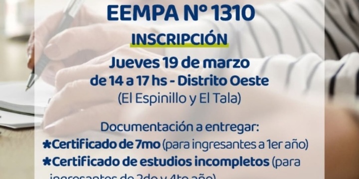 Imagen de Abren inscripciones para la extensi&oacute;n &aacute;ulica de la EEMPA N&deg; 1310 en Distrito Oeste