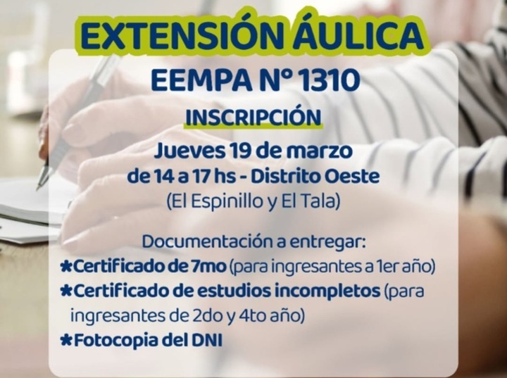 Imagen de Abren inscripciones para la extensi&oacute;n &aacute;ulica de la EEMPA N&deg; 1310 en Distrito Oeste
