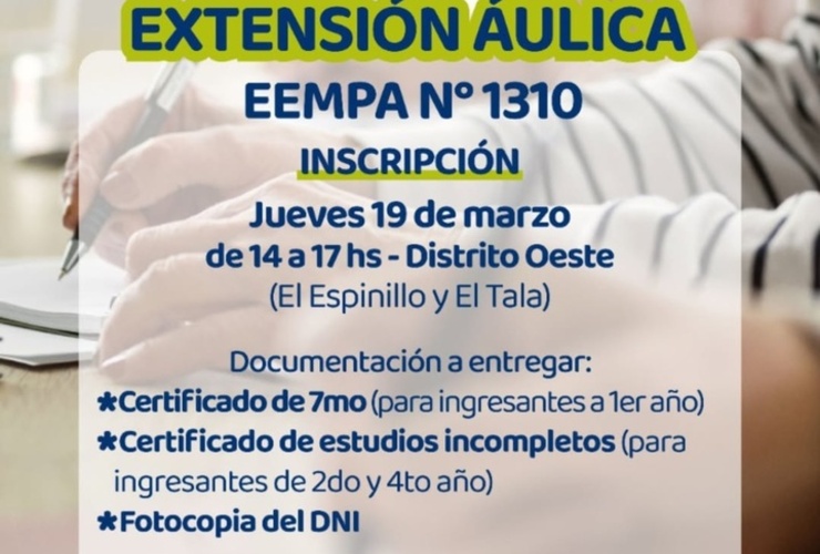Imagen de Abren inscripciones para la extensi&oacute;n &aacute;ulica de la EEMPA N&deg; 1310 en Distrito Oeste