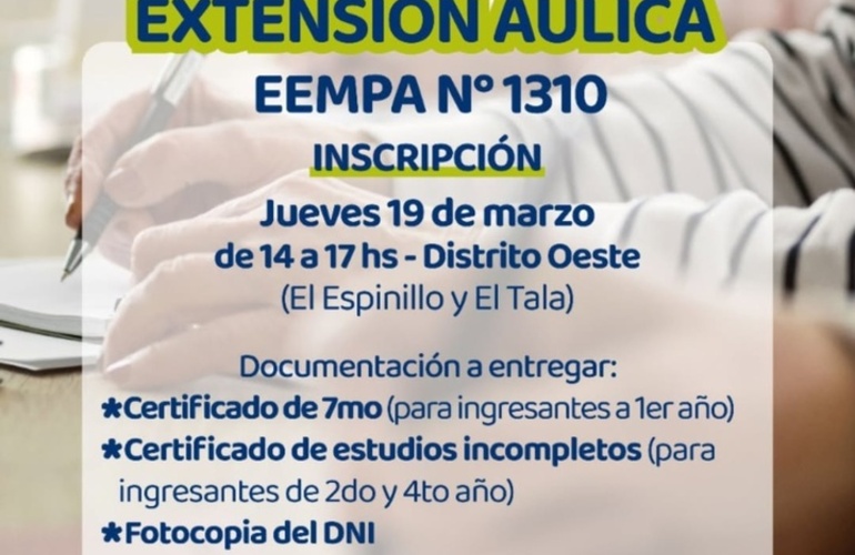 Imagen de Abren inscripciones para la extensi&oacute;n &aacute;ulica de la EEMPA N&deg; 1310 en Distrito Oeste