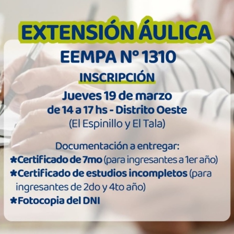 Imagen de Abren inscripciones para la extensi&oacute;n &aacute;ulica de la EEMPA N&deg; 1310 en Distrito Oeste