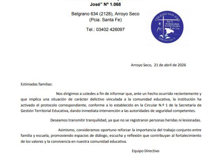 Imagen de Arroyo Seco: activaron protocolo de seguridad en el Colegio San Jos&eacute; tras un hecho delictivo dentro de la instituci&oacute;n