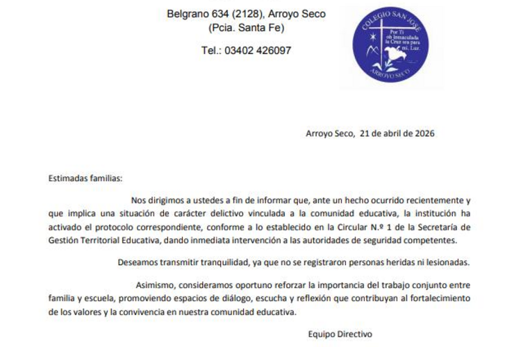 Imagen de Arroyo Seco: activaron protocolo de seguridad en el Colegio San Jos&eacute; tras un hecho delictivo dentro de la instituci&oacute;n