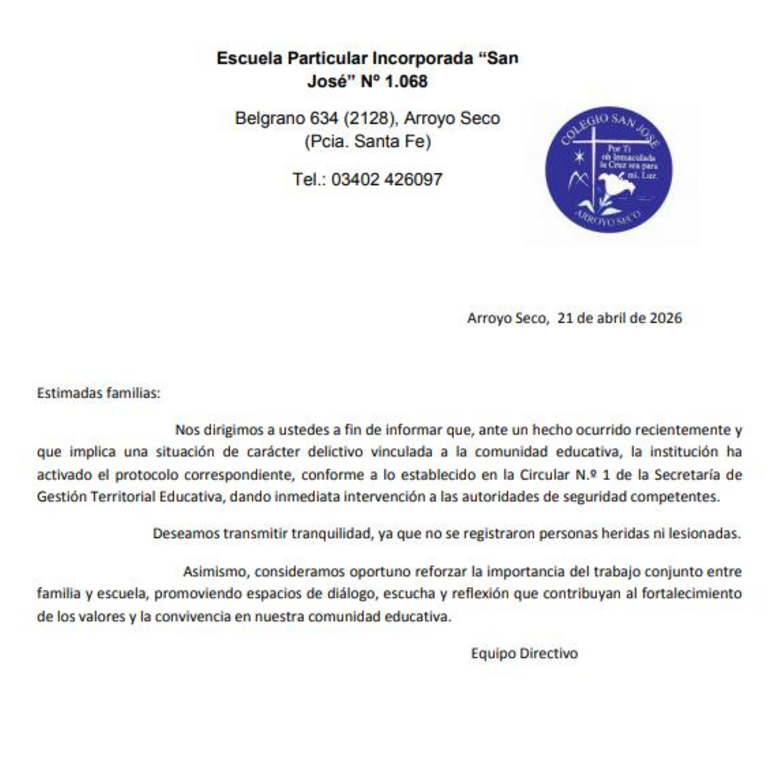 Imagen de Arroyo Seco: activaron protocolo de seguridad en el Colegio San Jos&eacute; tras un hecho delictivo dentro de la instituci&oacute;n