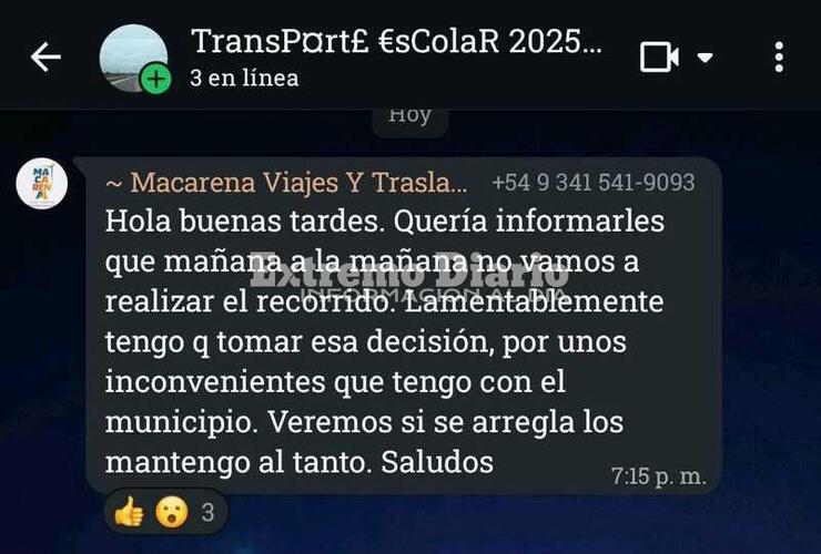 El mensaje que la empresa envi&oacute; a los pap&aacute;s en la tarde de ayer.