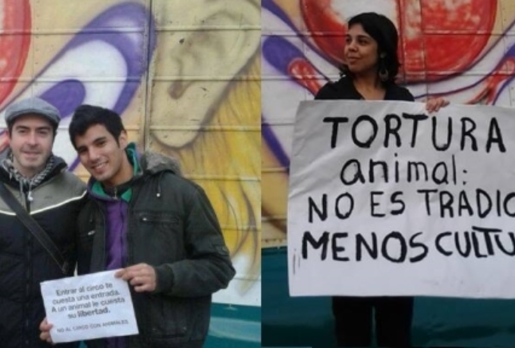 Los activistas frente al circo bajo la consigna "Salvemos los Animales". (Facebook Tincho Peretti Scioli)