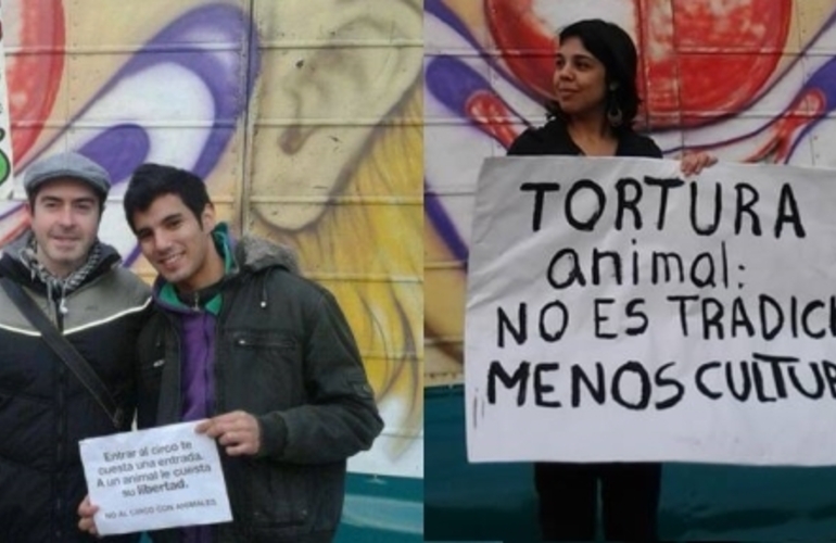 Los activistas frente al circo bajo la consigna "Salvemos los Animales". (Facebook Tincho Peretti Scioli)