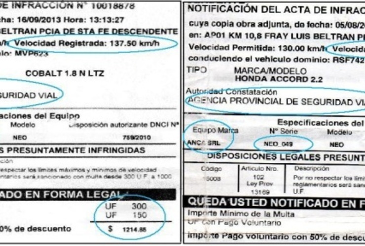 Dos multas registradas por los radares NEO 048 Y NEO 049 que no figuran en el listado de Inti.