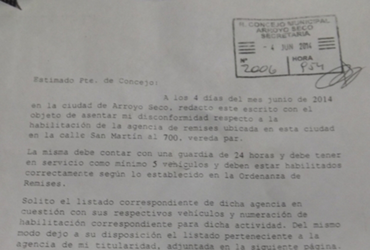 Copia de la nota enviada al concejo municipal.