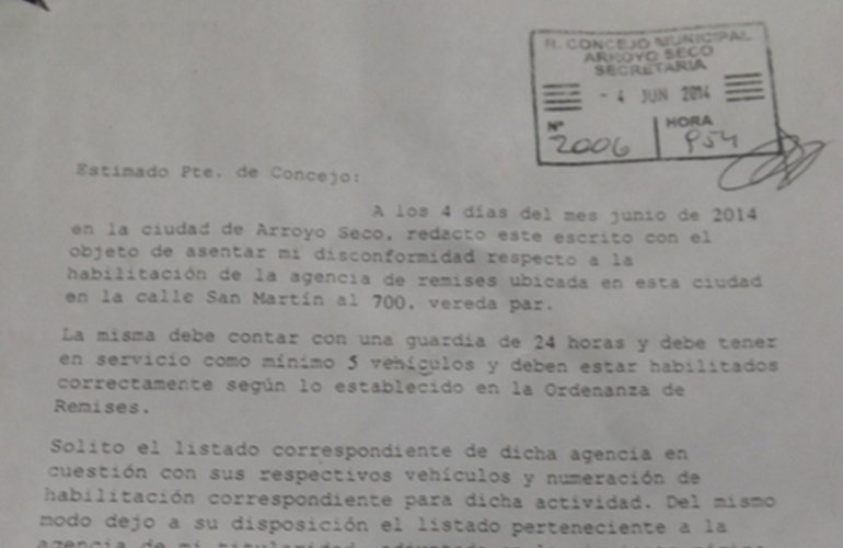 Copia de la nota enviada al concejo municipal.