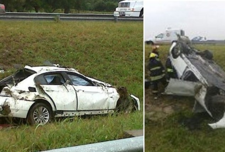 Dos imágenes del BMW blanco que se accidentó. Foto: @MarianaBelenB  / diariocañada.com.ar