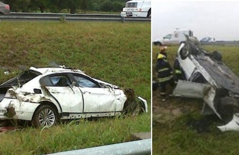 Dos imágenes del BMW blanco que se accidentó. Foto: @MarianaBelenB  / diariocañada.com.ar