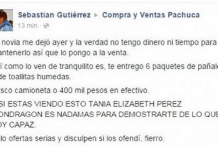 Trata de vender a su hijo a través de Facebook por US$26.000 o una camioneta