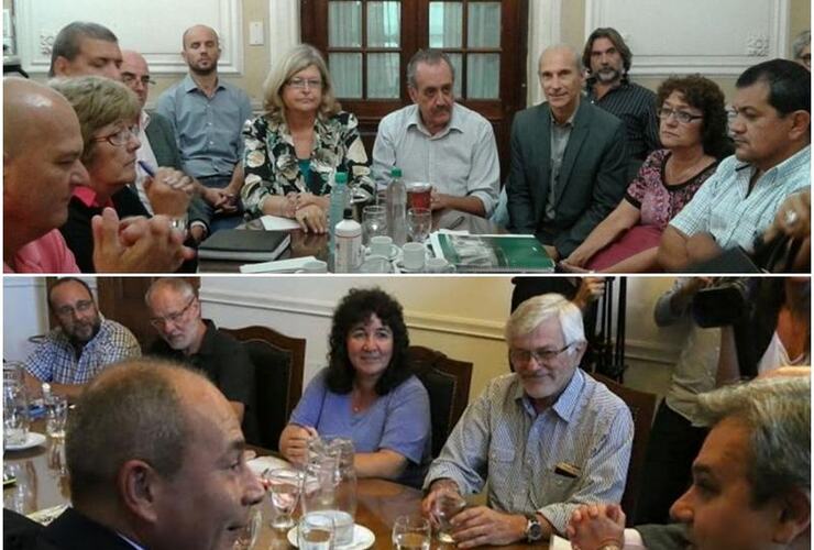 Foto arriba: La ministra Balagué mantuvo una nueva reunión con los gremios docentes. Foto abajo: El ministro Farías presentó este jueves la nueva oferta salarial a estatales. Fotos: Gobierno de Santa Fe)