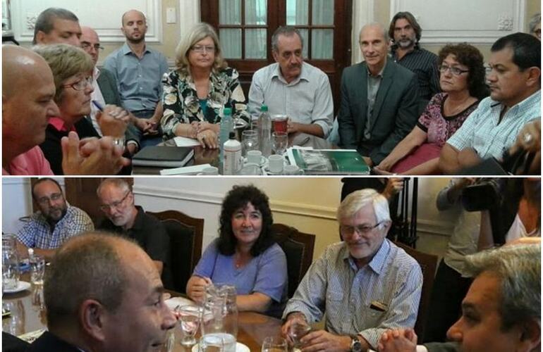 Foto arriba: La ministra Balagu&eacute; mantuvo una nueva reuni&oacute;n con los gremios docentes. Foto abajo: El ministro Far&iacute;as present&oacute; este jueves la nueva oferta salarial a estatales. Fotos: Gobierno de Santa Fe)