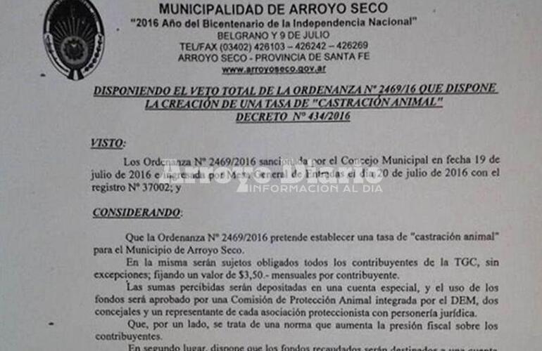 Imagen de Veto total a la ordenanza de la �Tasa de Control Animal�