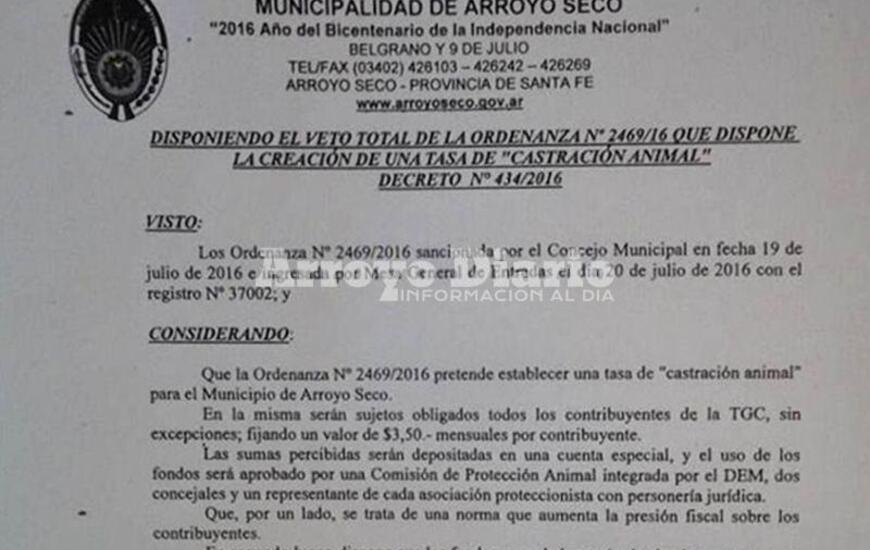 Imagen de Veto total a la ordenanza de la �Tasa de Control Animal�
