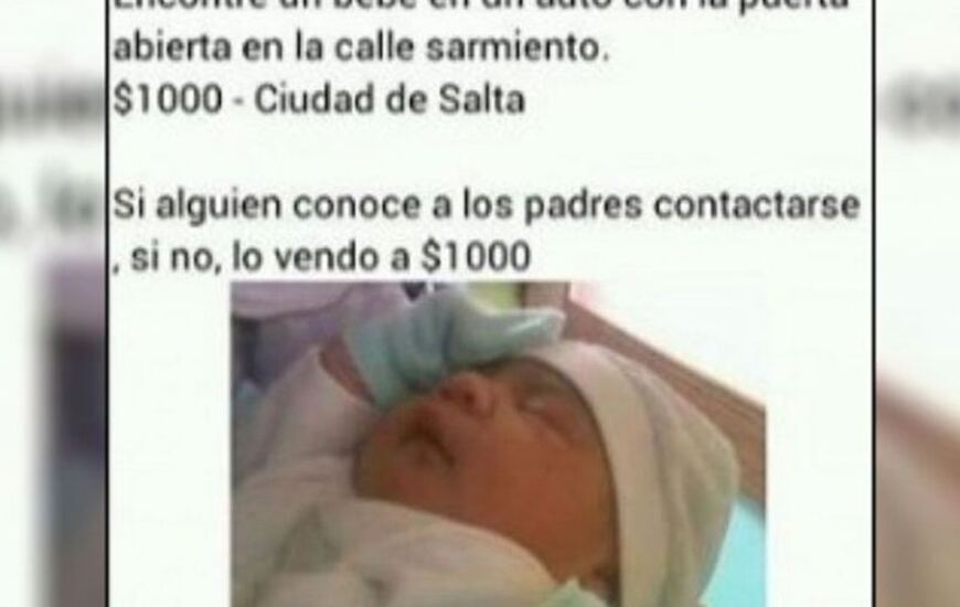 Imagen de Indignación en Facebook: "Encontré un bebé... lo vendo a $1000 pesos"