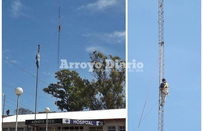 En altura. Los operarios trabajando este domingo en el edificio del hospital local.