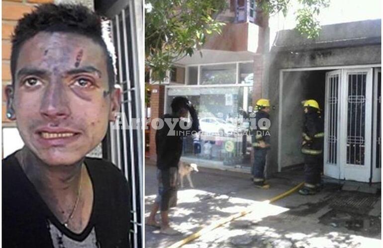 Por un lado, el joven que vive en la propiedad siniestrada y por el otro, los bomberos ya trabajando en el lugar