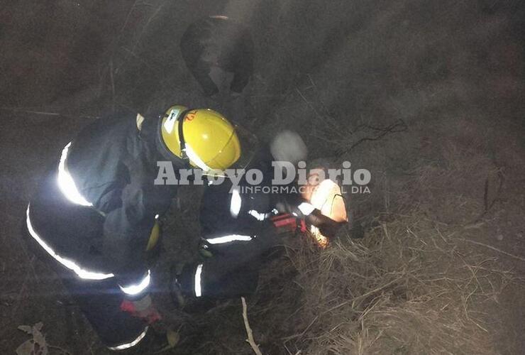 Bomberos trabajando. La dotaci&oacute;n junto a una de las proteccionistas de Fighiera haciendo lo posible para rescatar al can.