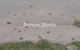 Evidencia. Las piedras que quedaron tiradas tras lo ocurrido anoche en 1&deg; de Mayo al 1200.